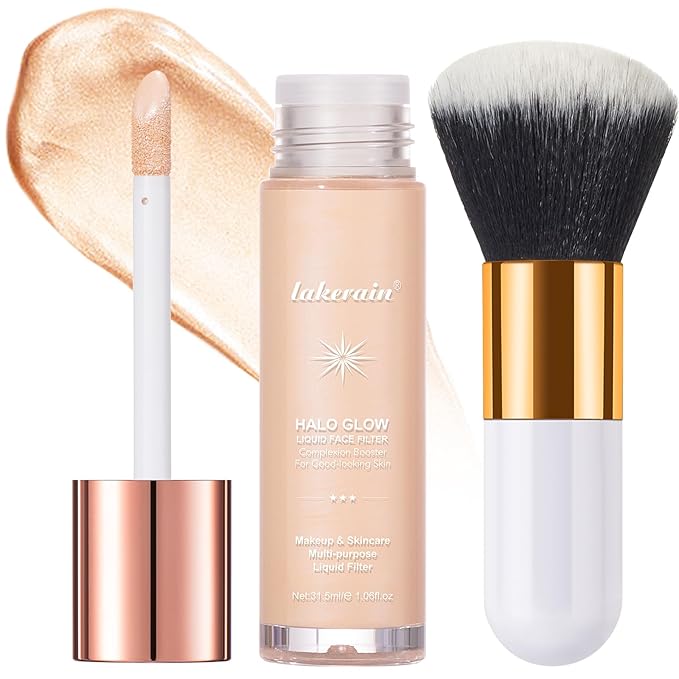 Natural Glow Liquid Filter Makeup, Longwear Face Luminizer, Complexion Booster For Any Part of the Body, Liquid Highlighter with Brush Kit, Infused Hyaluronic Acid, 1.06 fl oz (#02 FAIR/LIGHT)-Velvo Beauty