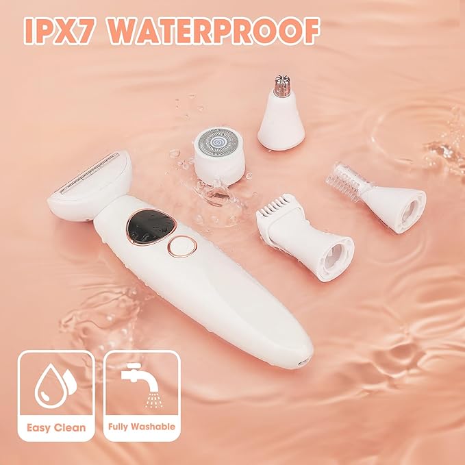 5 in 1 Bikini Trimmer for Women,IPX7 Waterproof Cordless Replaceable Pubic,Eyebrow,Facial Electric Razors&Nose Hair Trimmer&Painless Body Shaver for Arms Legs Underarms,USB Charge,LED Display,Wet&Dry-Velvo Beauty