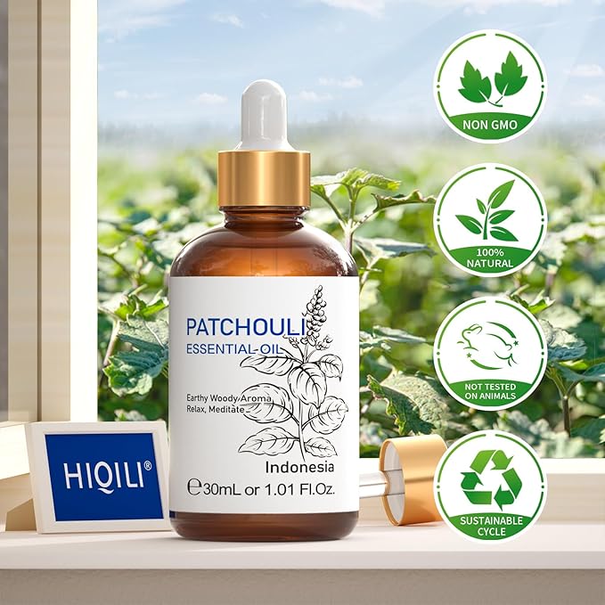 HIQILI Patchouli Essential Oil Organic, 100% Pure, for Diffuser, Homemade Perfume, Skin Care, Aromatherapy, Gift for Hippie Friend-30ML-Velvo Beauty