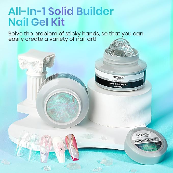 MIZHSE Solid Builder Gel for Nails – 2PCS 1oz Mermaid Pearl & Clear Hard Gel Kit with Nail Forms 3D Mold Soak-off U V 3D for Nails Extension for Salon Manicure Home DIY-Velvo Beauty