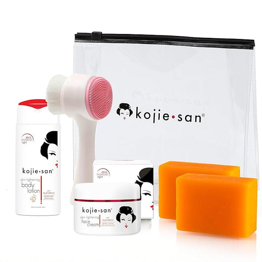 Kojie San Face & Body Complete Brightening Mini Set - 65 Gram x 2 Bars Soap, Body Lotion, Face Cream, and Facial Cleansing Brush-Velvo Beauty