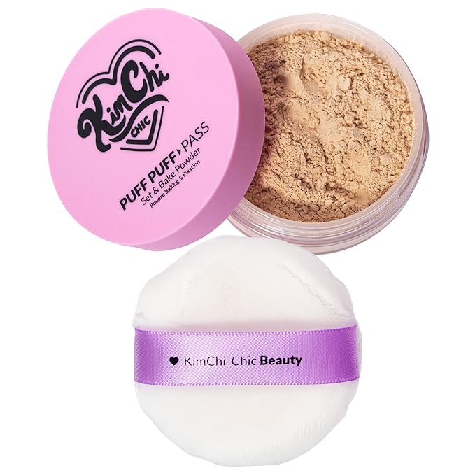 Kimchi Chic Beauty Puff Puff Pass Set and Bake Powder, Loose Face Powder with Extra Fluffy Setting Powder Puff, Soft Peach Face Makeup for Uneven Skin Tone, 04 Peachy-Velvo Beauty
