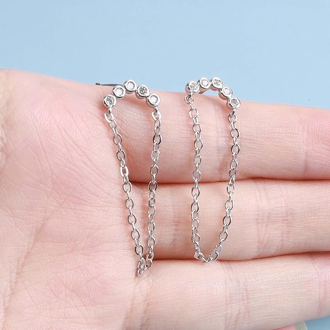Boho Rhinestone Circle Studs Earrings Silver Cz Hoop Drop Earrings Circle Tassel Dangle Earrings Drop Chain Earrings Jewelry for Women and Girls Gifts-Velvo Beauty