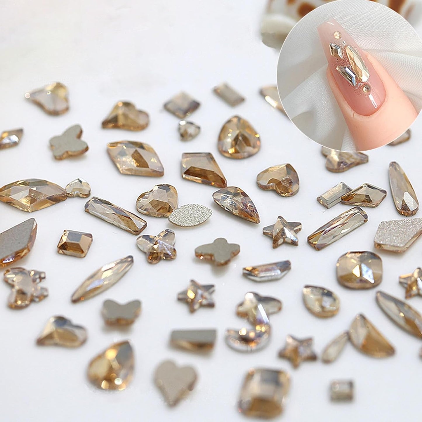 Nail Rhinestones Kit, 18 Types of 900 Special-Shaped Nail Diamonds + 3200 Flat-Bottomed Rhinestones, Champagne Crystals DIY Crafts Gold Gemstones for Nail Art Design-Velvo Beauty