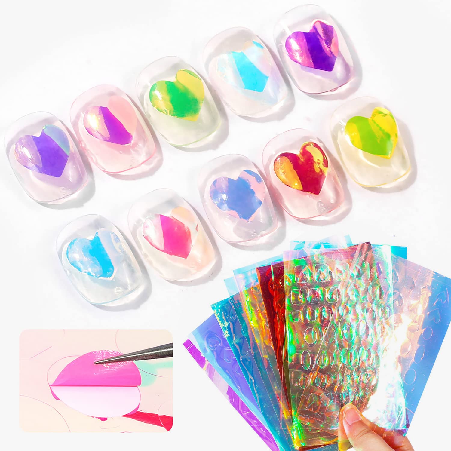 SILPECWEE 11 Sheets Aurora Nail Foil Laser Nail Stickers Glass Paper Nail Art Stickers Iridescent Cellophane Nails Designs Sticker Holographic Film 3D Nails Decoration for Women Kids-Velvo Beauty