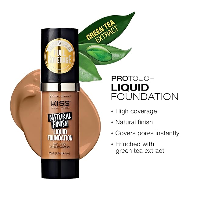 Kiss New York Professional Liquid Foundation - Lightweight and Hydrating Formula, Natural Finish, Control Shine, Cover Pores, Medium to Full Coverage, Green Tea Extract (Warm Honey)-Velvo Beauty
