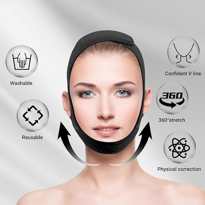 Reusable V Line Lifting Mask with Chin Strap for Sleeping,Face Lift Prevent Sagging, Jaw Exerciser,Black,M-Velvo Beauty
