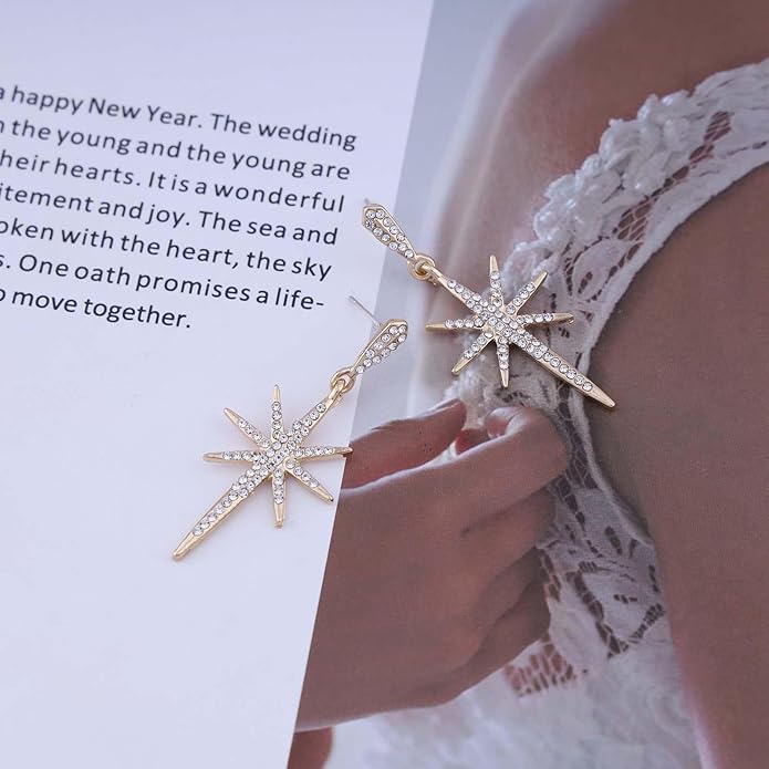 Vintage Crystal Northstar Dangle Earrings Rhinestone Northstar Studs Earrings Gold Cz Star Drop Earrings Sparkly Cz Starburst Earrings Jewelry for Women-Velvo Beauty