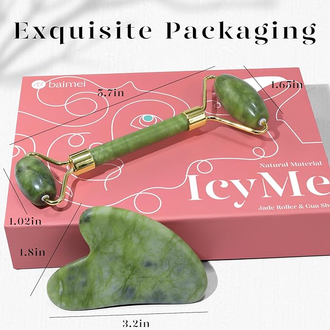 BAIMEI IcyMe Gua Sha & Jade Roller Facial Tools Face Roller and Gua Sha Set for Puffiness and Redness Reducing Skin Care Routine, Self Care Gift for Men Women - Green-Velvo Beauty