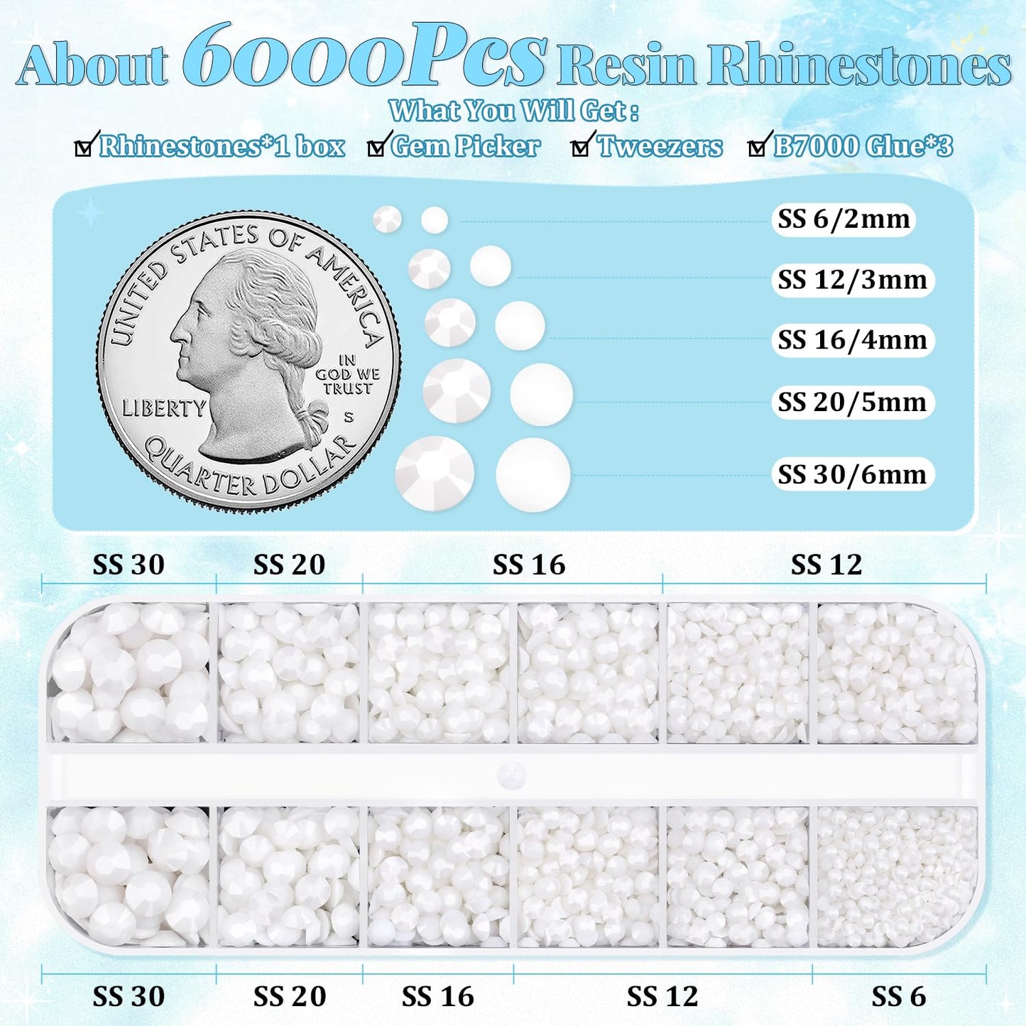 6000Pcs Resin Rhinestones for Bedazzling with 3Pcs B7000 Jewelry Glue, 1 Box White Flatback Rhinestones for Crafting Crafts DIY, Crystals Gems for Clothing Shoes Tumblers Nail Art Makeup-Velvo Beauty
