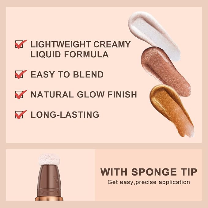 Mysense Liquid Highlighter Beauty Wand,Highlight Bronzer Stick with Sponge Tip,Silky Cream Glowing Face Highlighter Shimmer Finish,Lightweight Face Illuminator Makeup,#04 Highlighter-Pearl White-Velvo Beauty