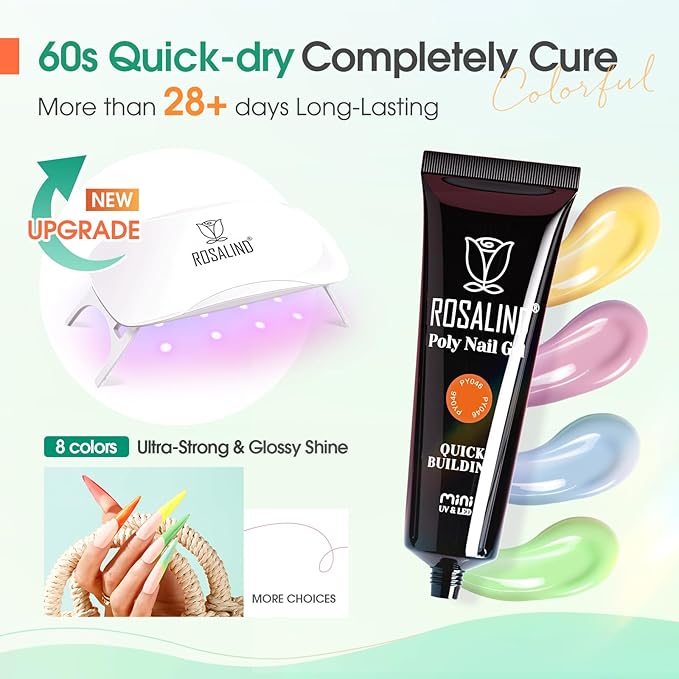 ROSALIND 8PCS Poly Nail Gel Kit with Mini Nail Lamp Clear Nude Poly Nails Gel Kit Starter Kit Nude Pink Nail Extensions Gel Set-Velvo Beauty