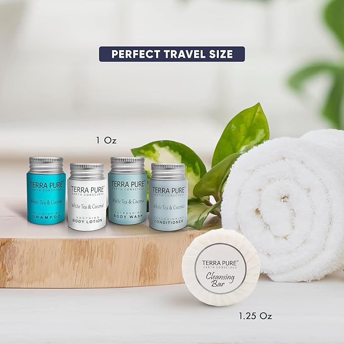 Terra Pure White Tea & Coconut Hotel Size Toiletries Set | 1-Shoppe All-In-Kit | 1 oz. Liquids and 1.25 oz. Bar Soap | Amenities For Hotels, Airbnb & Rentals | (75 pieces)-Velvo Beauty