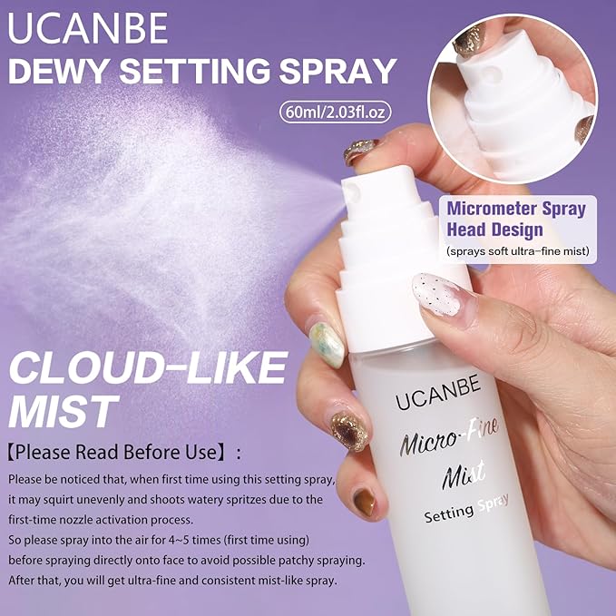 UCANBE Dewy Setting Spray for Makeup, Long Lasting Hydrating Make Up Finishing Spray for Face, Micro-Fine Mist Fixing Spray for Dewy Glow Finish, Lightweight & Waterproof for up to 16 Hours Wear-Velvo Beauty