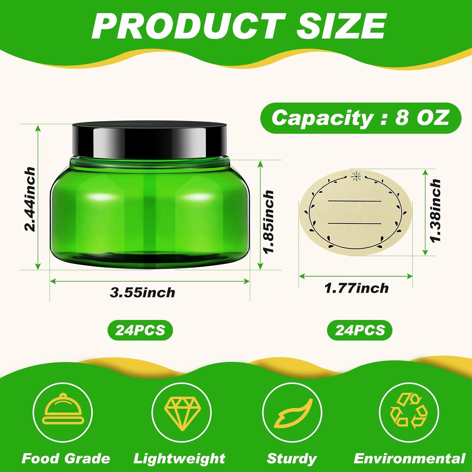 Tessco 24 Pack Plastic Jars with Lids Labels Empty Clear Plastic Jars Round Refillable Cosmetic Containers Body Butter Containers Bulk Sugar Scrub Bottle for Make Up(8 oz,Green, Black)-Velvo Beauty