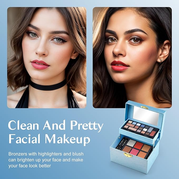 Color Nymph Beginner Makeup Kit For Teens, Girls Makeup kits With Recyclable And Key-Lockable Cabinet Included 17-Colors Eyeshadows Blushes Bronzer Highlighter Lipstick Brushes Mirror(Blue)-Velvo Beauty