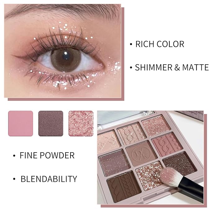 Erinde 9 Colors Eyeshadow Palette, Matte Shimmer Glitter Eye Shadow Makeup Palette, Highly Pigmented Long Lasting Waterproof, Natural Neutral Nude Eyeshadow Makeup Pallet, Pink Purple Rose-Velvo Beauty