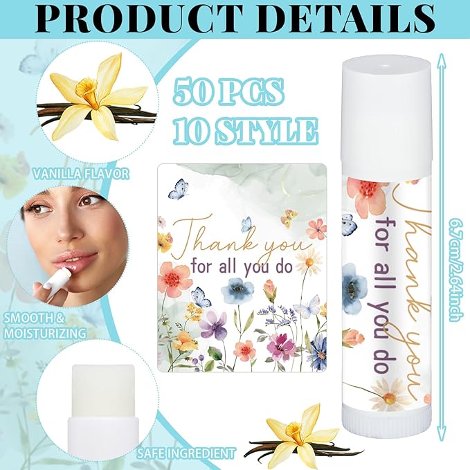 50 Pcs Inspirational Gifts Lip Balms in Bulk Motivational Small Thank You Gifts Wedding Bridal Baby Shower Party Favors Lip Balm for Women Teacher Nurses Coworkers Employees 10 Styles-Velvo Beauty