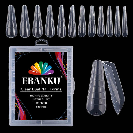 EBANKU 120Pcs Dual Nail Forms for Poly Gel - Extension Stiletto Almond System Mold, False Tips for Builder Gel Art Design Salon & DIY - 12 Sizes-Velvo Beauty