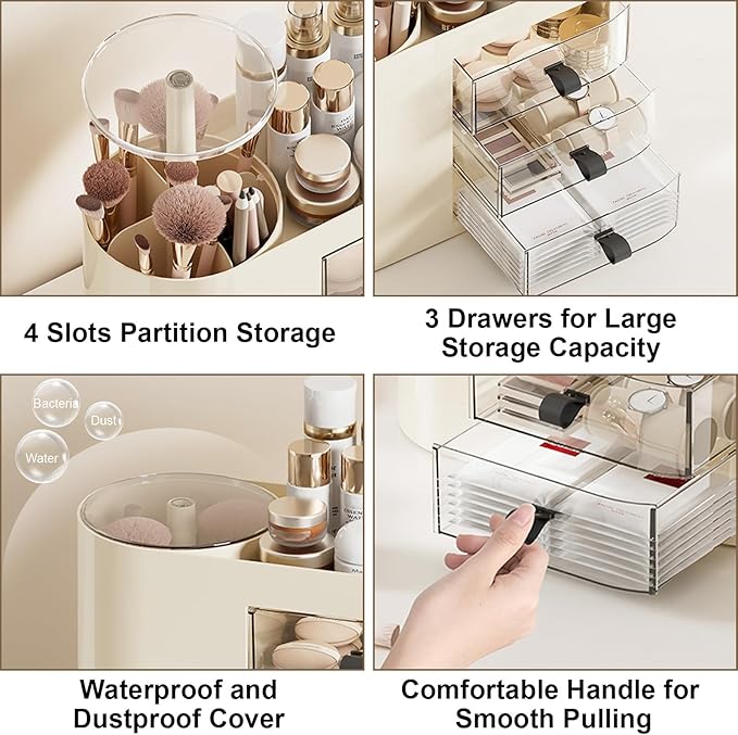 DASITON Makeup Organizer with 3 Drawers,Automatic Lifting Makeup Brush Holder with Lid,Large Capacity Makeup Organizers for Vanity,Bathroom Countertop,Ideal Storage Skin Care,Brushes,Lipstick (Cream)-Velvo Beauty