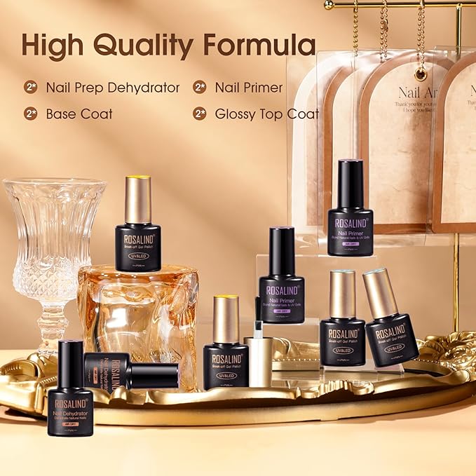 ROSALIND 8 PCS Dehydrator Nail Primer and Top & Base Coats Kit, Nail Strengthening System Superior Protein Bonding, Fast Air Dry for Acrylic Powders Nail Gel Polish-Velvo Beauty