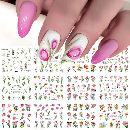Flowers Nail Art Stickers Decals Tulip Floral Leaf Watercolor Nail Art Decals Transfer Foils for Nails Supply Butterfly Flowers Designs Nail Tattoo Sliders for Women DIY Manicure Nail Decoration 12PCS-Velvo Beauty