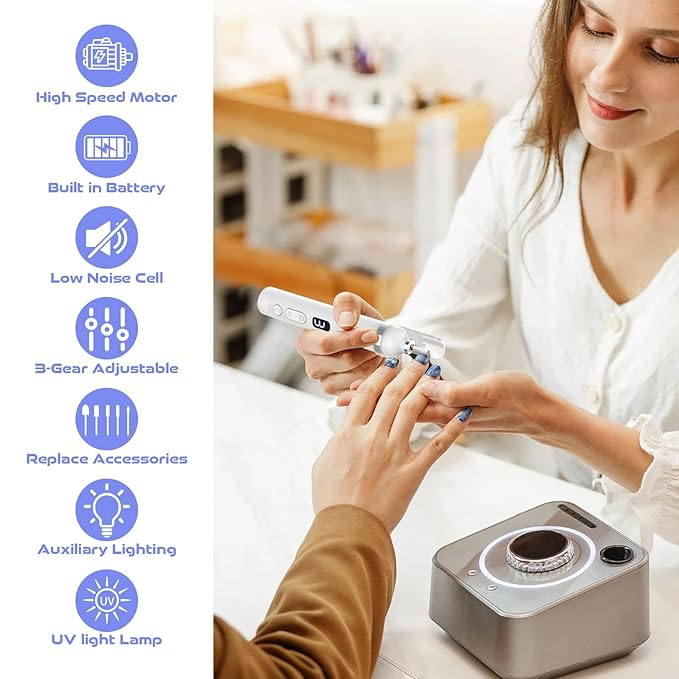 Electric Nail Drill, Cordless Drill, Portable Nail File Kit for Thick Toenails, Nail Dril Machine Professional Manicure Pedicure for Hand Natural Nails Care (White)-Velvo Beauty