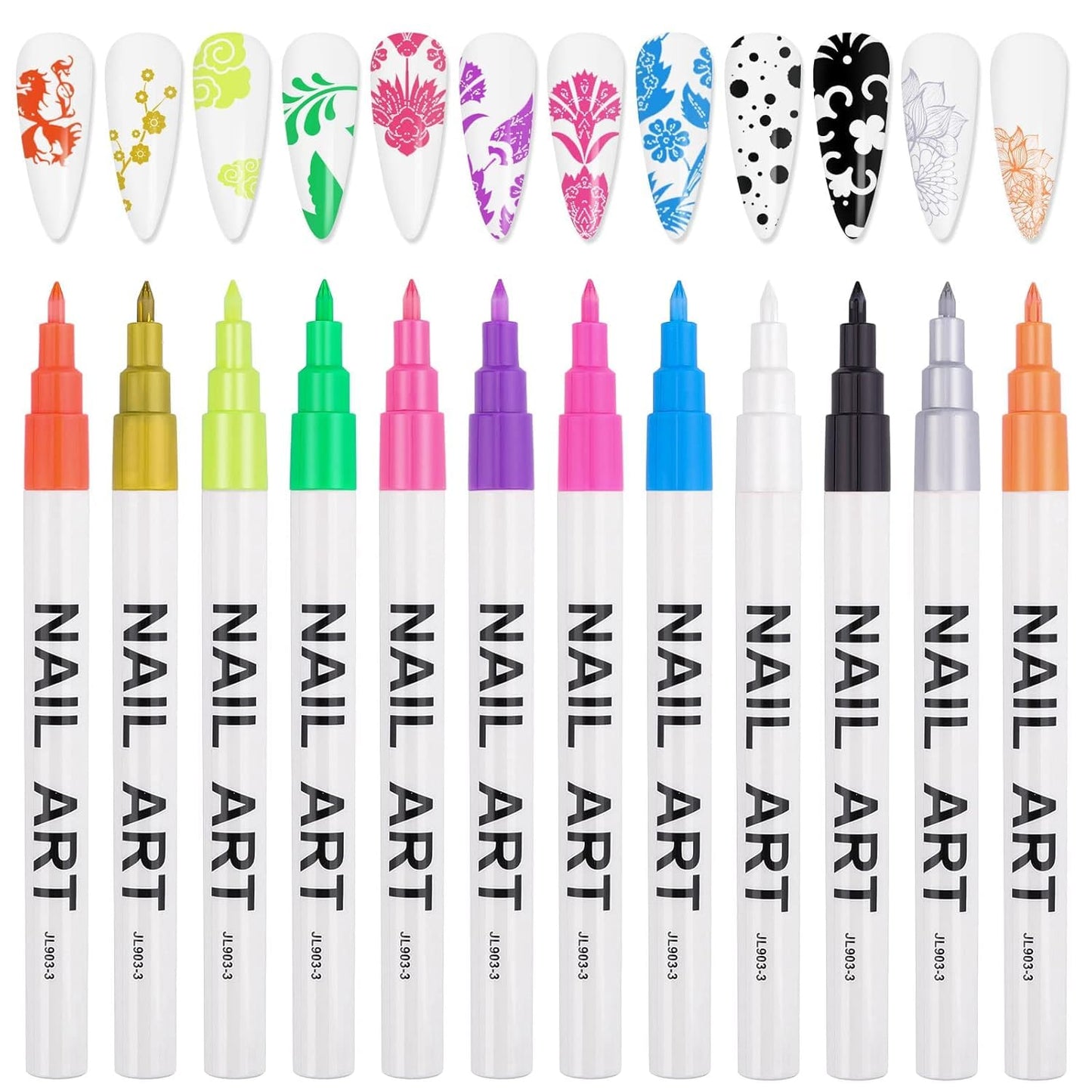 12 Color 3D Nail Art Pens Set, Kalolary Nail Point Graffiti Dotting Pen Drawing Painting Liner Brush for DIY Nail Art Beauty Adorn Manicure Tools-Velvo Beauty