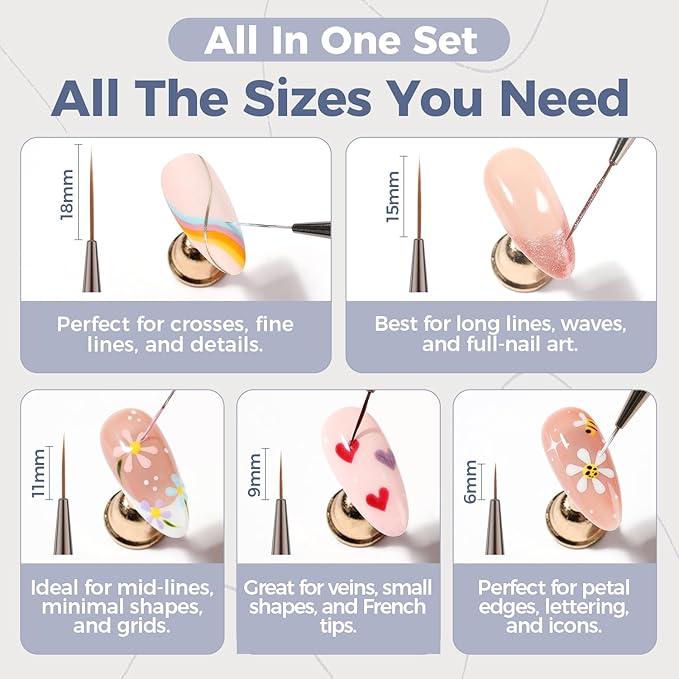 UNA GELLA Nail Art Brushes Metallic, Liner Pens 5Pcs Set For Nail Art Gel Polish, Gray Color, Detail Nail Art Design Painting Brush Set For Nails Gel Fine Drawing Nail Tools, 6/9/11/15/18mm Sizes-Velvo Beauty