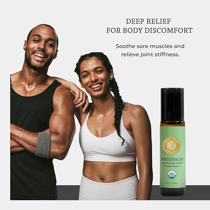 Silk Road Organic Muscle Relief Essential Oil Blend Roll On, 100% Pure USDA Certified Aromatherapy for Muscle Aches & Stiff Joints with Peppermint & Ginger - 10 ml Roller-Velvo Beauty