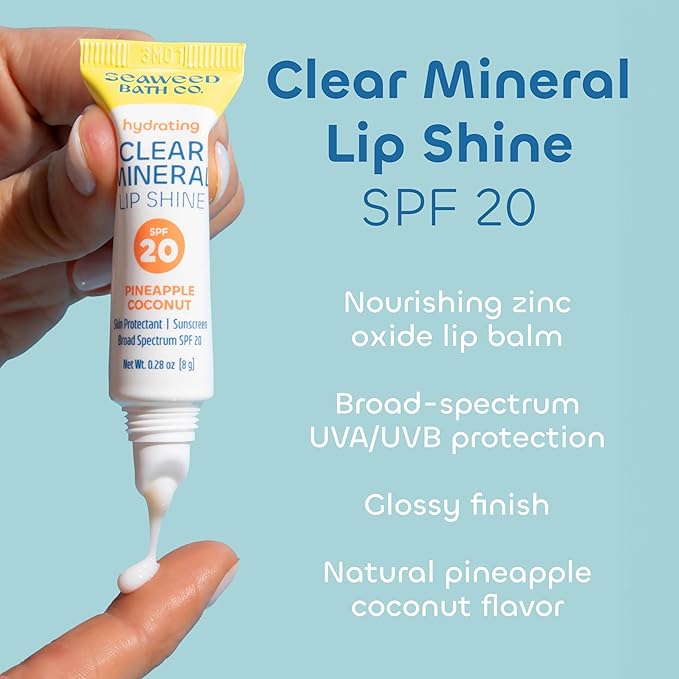Seaweed Bath Co. Hydrating Clear Mineral Lip Shine SPF 20 Sunscreen Zinc Oxide Lip Balm, 0.28 Oz, Moisturizing Care for Dry, Chapped Lips-Velvo Beauty