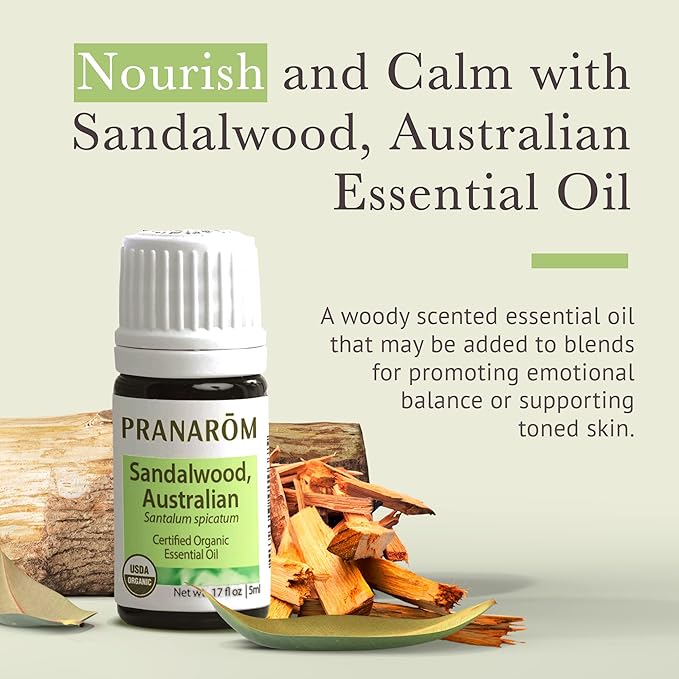 Pranarom USDA Certified Organic Australian Sandalwood Essential Oil (5ml), 100% Pure Natural Therapeutic Grade for Home Diffusing, Aromatherapy, Skincare, Candle Making, DIY Perfumes-Velvo Beauty
