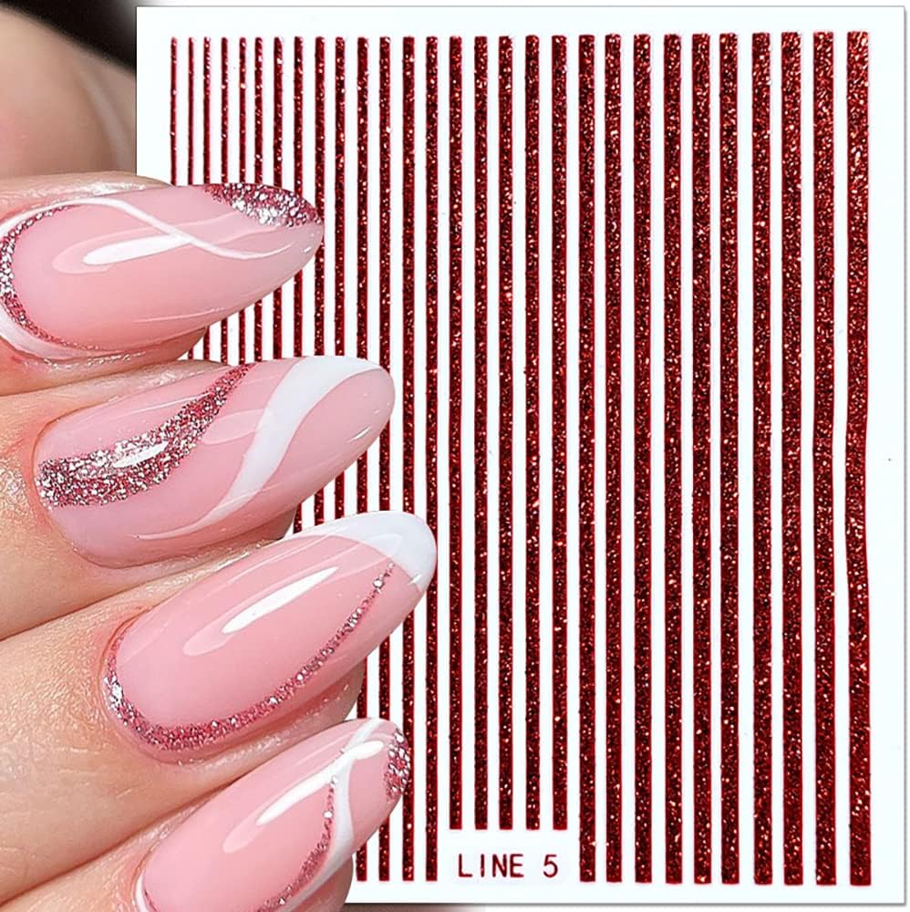 3D Glitter Lines Nail Stickers Holographic Nail Art Stickers Metal Stripe Nail Decals Self Adhesive Geometric Strip Line Nails Stickers Women DIY Nail Supplies,6 Colors/Set-Velvo Beauty