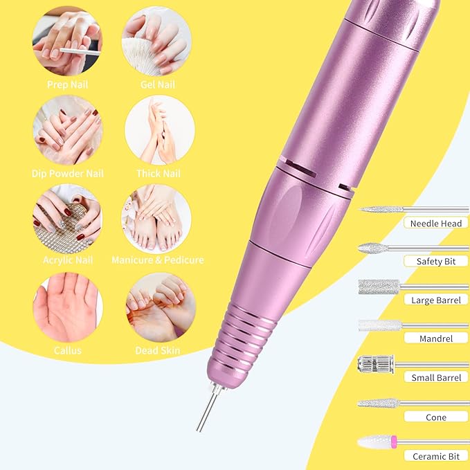 Portable Nail Drill Professional 35000 RPM, MOCOWIND Rechargeable Electric Nail File Machine for Acrylic Nails Gel Polishing, Cordless E-File with Bits Kit for Manicure Salon Home, Yellow & Purple-Velvo Beauty