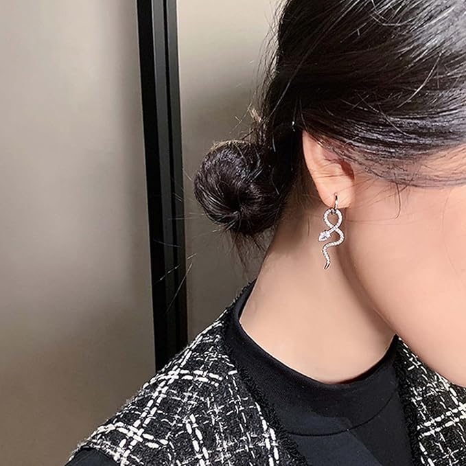 Gothic Crystal Snake Drop Earrings Silver Serpent Earrings Punk Snake Hoop Earrings Unusual Halloween Earrings Jewelry for Women and Girls-Velvo Beauty