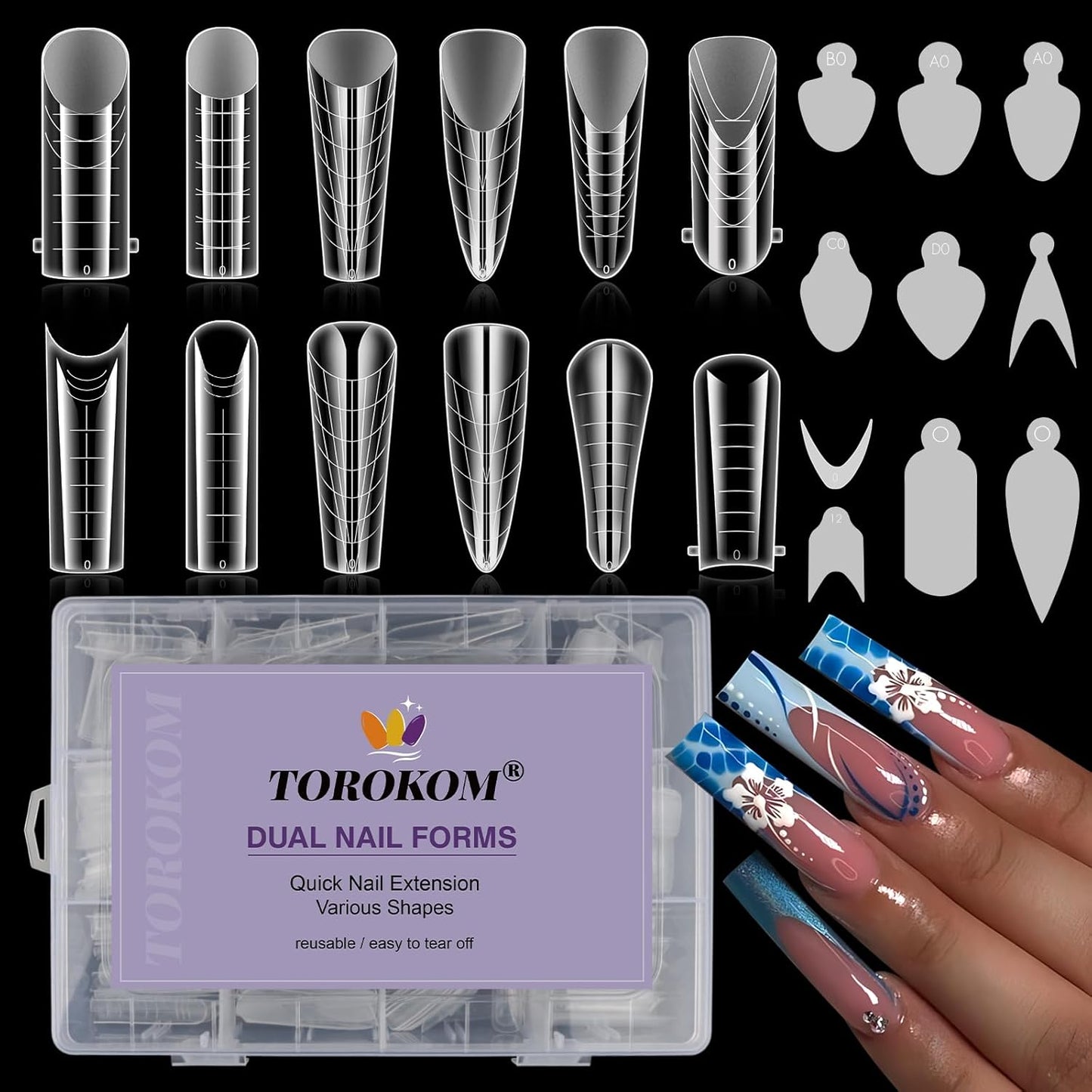 TOROKOM 288PCS Nail Dual Forms for French Nails, Dual Nail Forms Molds Acrylic Nail Tips, 144PCS Duet System Dual Forms Sticker Silicone Reusable Pads, 12 Styles Scale for Manicure Extension, Clear-Velvo Beauty