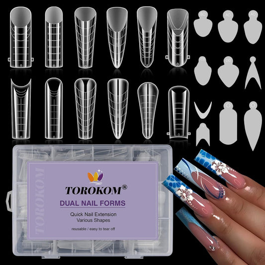 TOROKOM 288PCS Nail Dual Forms for French Nails, Dual Nail Forms Molds Acrylic Nail Tips, 144PCS Duet System Dual Forms Sticker Silicone Reusable Pads, 12 Styles Scale for Manicure Extension, Clear-Velvo Beauty