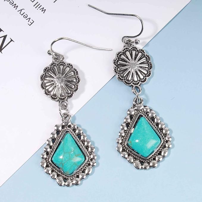 Boho Oval Turquoise Earrings Silver Circle Dangle Drop Earrings Vintage Flower Earrings Tribal Earrings Jewelry for Women and Girls-Velvo Beauty