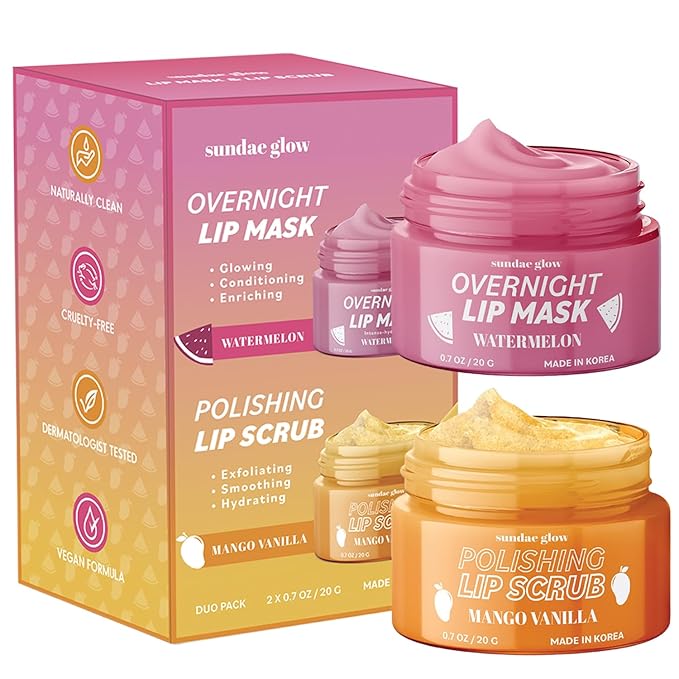 Mango, Vanilla & Watermelon Duo Lip Mask & Scrub - Dermatologist Tested, Anti-Aging, Korean Skin Care, Deep Hydration - Smooth, Soft & Plump Lips - Clean Beauty, Vegan, Non-GMO - 1 Pack-Velvo Beauty