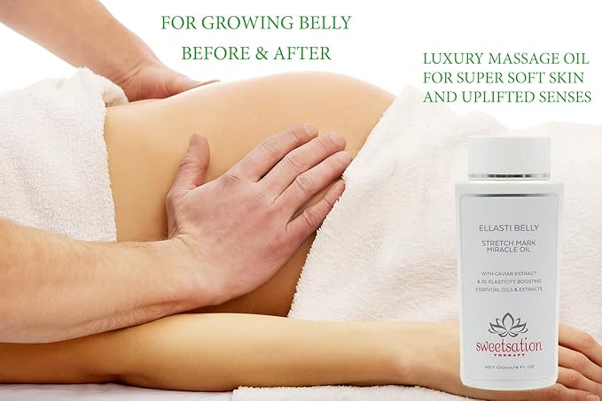Sweetsation Therapy- Organic EllastiBelly Stretch Mark Miracle Oil, 4oz. Stretch Marks Prevention in Pregnancy With Omega 3,6,9, Vitamins,Amino Acids, 30+ Extracts to Boost Elasticity-Velvo Beauty
