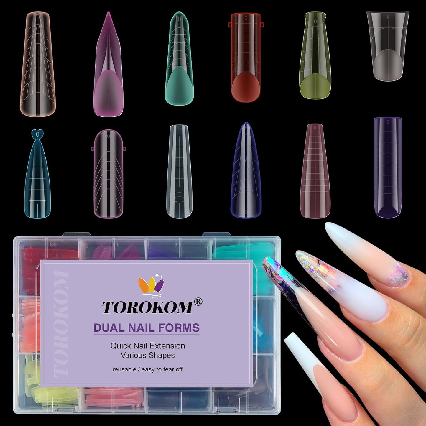 Dual Forms for Poly Nail Gel, 288PCS 12 Colors Dual Nail Forms Extension Molds Stiletto Coffin Square Acrylic Nail Tips 12 Shapes for Builder Gel Manicure Nail Art Design Salon DIY at Home-Velvo Beauty