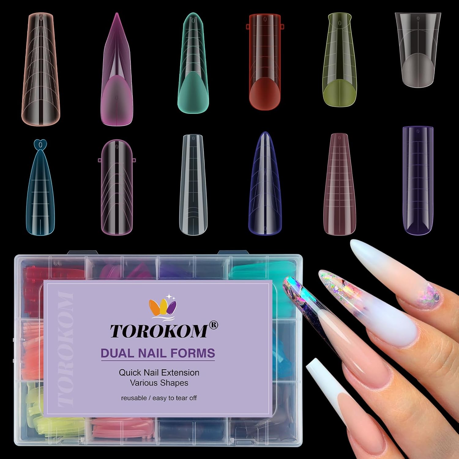 Dual Forms for Poly Nail Gel, 288PCS 12 Colors Dual Nail Forms Extension Molds Stiletto Coffin Square Acrylic Nail Tips 12 Shapes for Builder Gel Manicure Nail Art Design Salon DIY at Home-Velvo Beauty