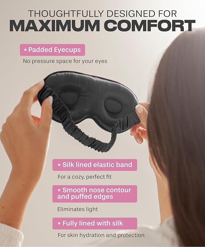 SUNDAYSILKS™ 3D Contoured Silk Sleep Mask | Padded Silk Eye Mask with Eye Cups for Lash Extensions | Blackout, Organic for Women & Men, Perfect for Travel, Slip-Free Deep Sleeping, Antifaz para Dormir-Velvo Beauty