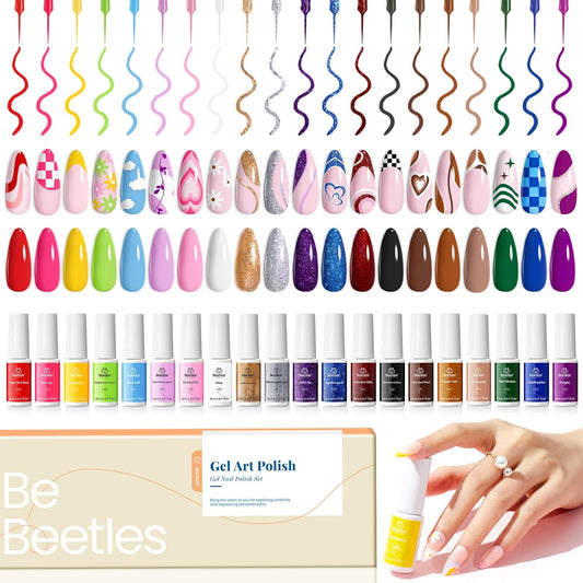 Beetles French Tip Gel Liner Nail Polish Set- 20 Colors Nail Art Polish Brown Glitter Pink Blue White Red Purple Swirl Gel Nails Polish Nails Art Painted Build in Thin Brush Manicure Gifts for Women-Velvo Beauty