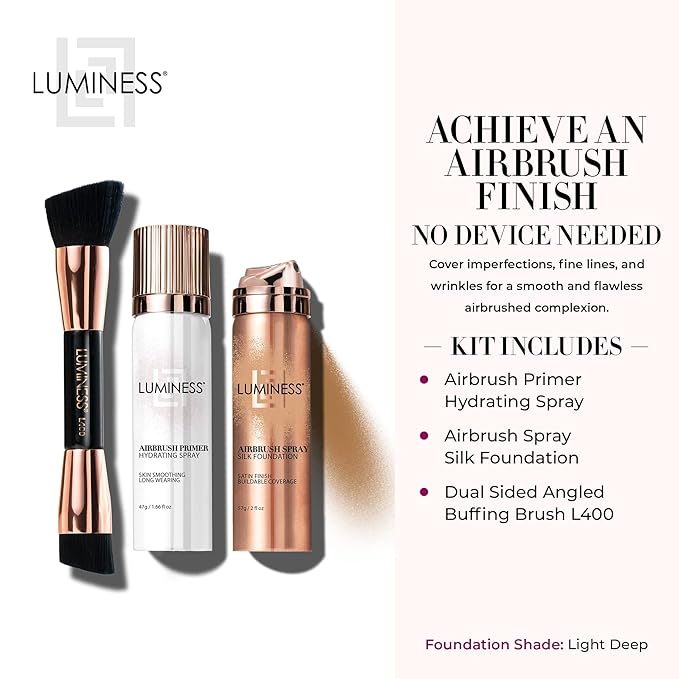 LUMINESS Airbrush Spray Silk Foundation Starter Kit - Light Deep - Foundation, Primer & Dual-Sided Angled Buffing Brush - Medium, Buildable Coverage, Anti-Aging Formula Hydrates & Moisturizes-Velvo Beauty