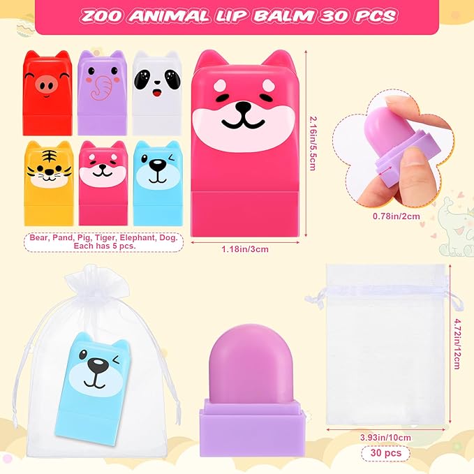 30 Sets Wild Animal Birthday Lip Balm Gifts Bulk Baby Shower Prizes Gift Girl Birthday Lip Balm Jungle Animal Party Favors for Preschool Toddler Boy Girl Classroom Prizes Classroom Prizes-Velvo Beauty