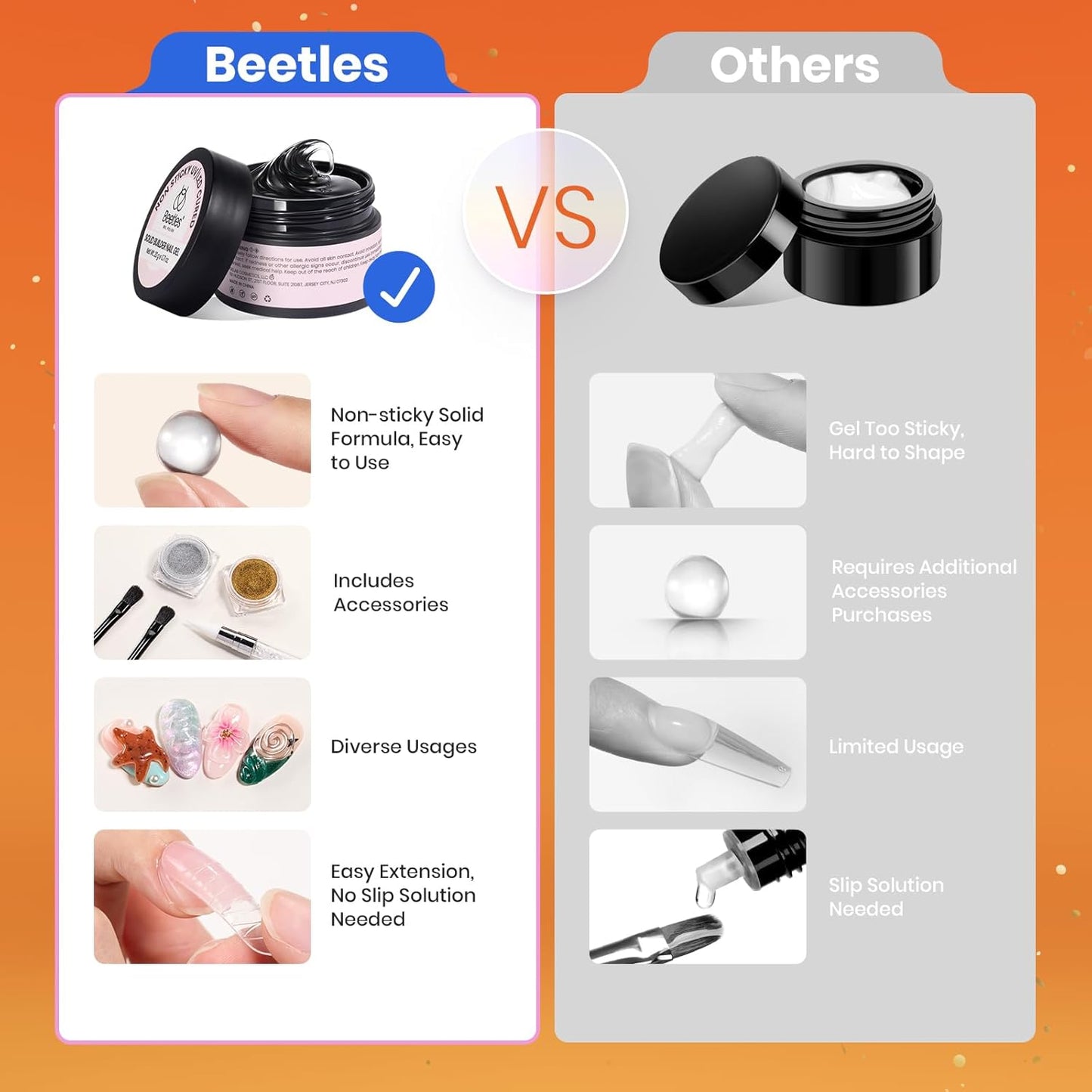 Beetles Solid Builder Nail Gel, 1.06 oz Clear 3D Gel Nail Art Non-Sticky Sculpting Gel, Hard Gel Building Gel with Chrome Nail Powder, Fall Nails Art Sculpture Pen Gift for Women,LED & UV Lamp Needed-Velvo Beauty