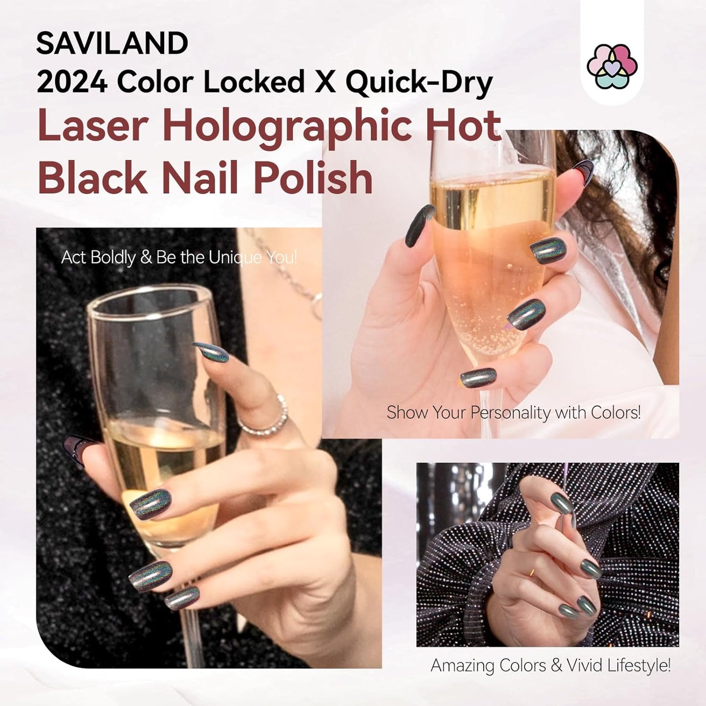 SAVILAND Holographic Black Nail Polish: Metallic Glitter Fingernail Polish Holographic Laser Plant-base Castor Oil Quick Dry Nail Polish Easy Use Remove Chrome Halo Nail Polish Beginner DIY Nail Tech-Velvo Beauty