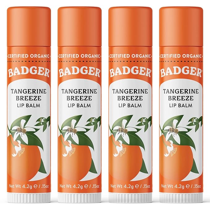 Badger - Classic Lip Balm, Tangerine Breeze, Made with Organic Olive Oil, Beeswax & Rosemary, Certified Organic, Moisturizing Lip Balm, 0.15 oz (4 Pack)-Velvo Beauty