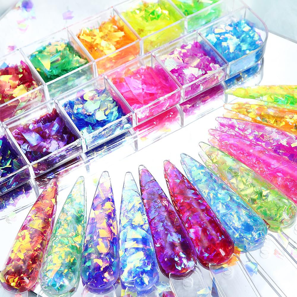 12Grids Holographic Mermaid Colorful Nail Art Glitter,Irregular Rainbow Candy Color Nail Art Flakes Sequins Gradient Bright Ice Slag Nail Sequins Summer Metallic Foil Nail Supplies DIY Nail Decoration-Velvo Beauty